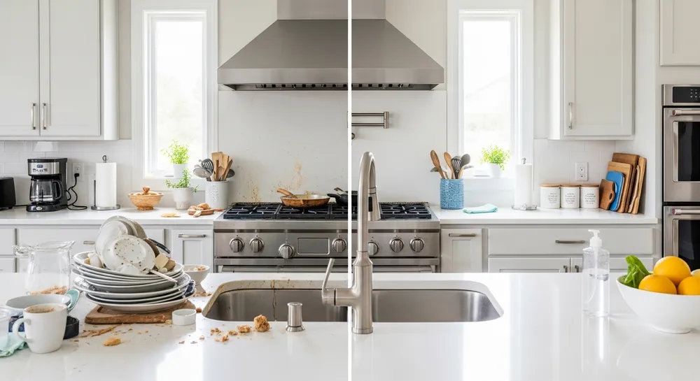 Before and after professional house cleaning — dirty kitchen transformed to spotless clean