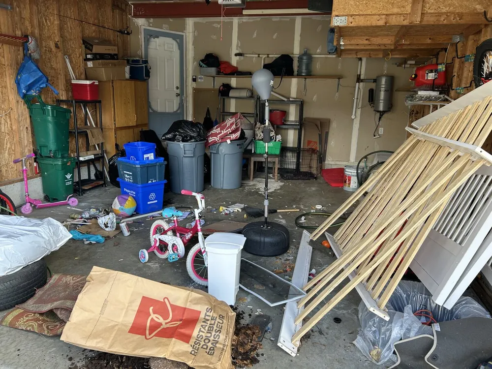 Cluttered garage before professional cleaning