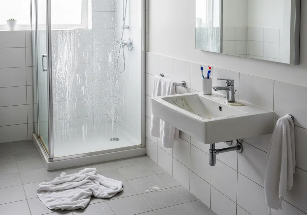 Dirty bathroom before professional cleaning — soap scum, grime