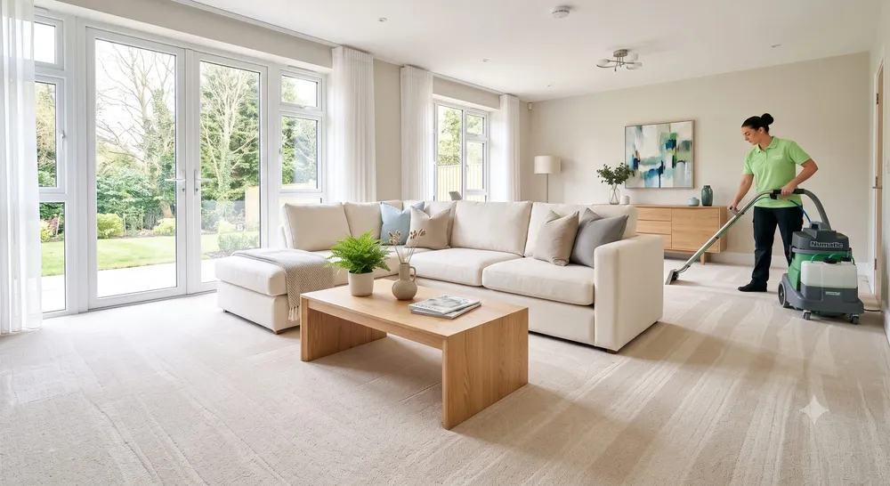 Rejuv Cleaning technician deep-cleaning the carpet in a bright Columbus, OH living room